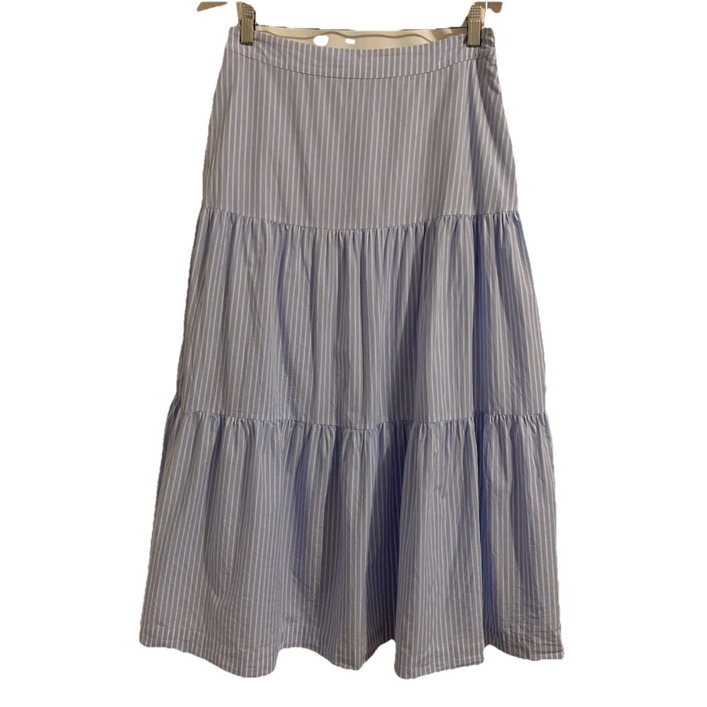 Gap Womens Size 10 Maxi Skirt Striped Tiered Cotton Lined Blue White Prairie